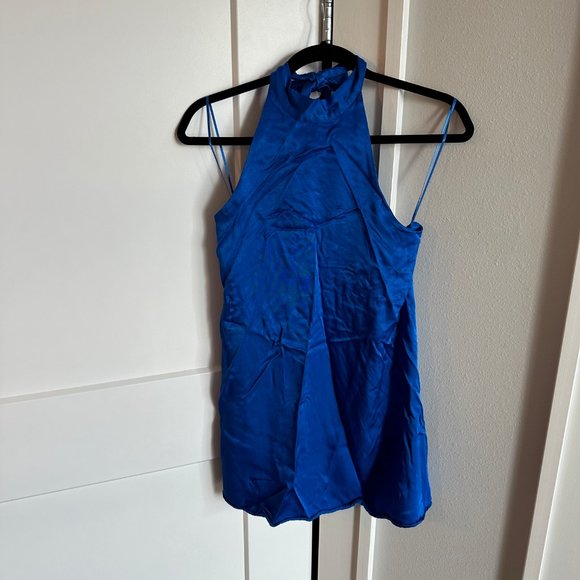 ZARA High Neck Open Back Satin Mini Halter Dress Royal Blue Size Small - Picture 6 of 12